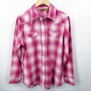 Wrangler Plaid Western Show Shirt Pearl Snaps Pink